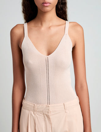 Proenza Schouler Detail image of model wearing Gene Knit Tank Top in Picot Cotton in Light Rose