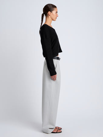 Proenza Schouler Side full length image of model wearing Tyler Knit Sweater in Dry Rib in Black