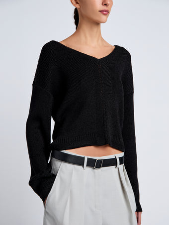 Proenza Schouler Detail image of model wearing Tyler Knit Sweater in Dry Rib in Black