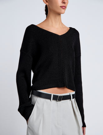 Proenza Schouler Detail image of model wearing Tyler Knit Sweater in Dry Rib in Black
