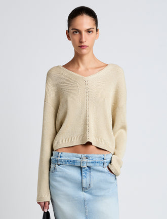 Proenza Schouler Front cropped image of model wearing Tyler Knit Sweater in Dry Rib in Light Wheat