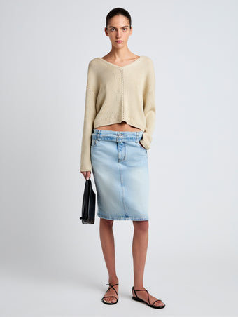 Proenza Schouler Front full length image of model wearing Tyler Knit Sweater in Dry Rib in Light Wheat