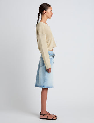 Proenza Schouler Side full length image of model wearing Tyler Knit Sweater in Dry Rib in Light Wheat