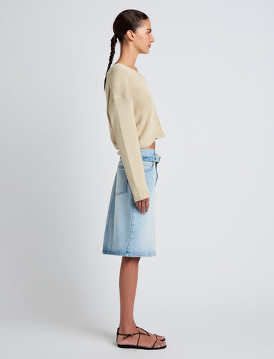 Proenza Schouler Side full length image of model wearing Tyler Knit Sweater in Dry Rib in Light Wheat