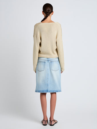 Proenza Schouler Back full length image of model wearing Tyler Knit Sweater in Dry Rib in Light Wheat