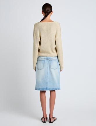 Proenza Schouler Back full length image of model wearing Tyler Knit Sweater in Dry Rib in Light Wheat