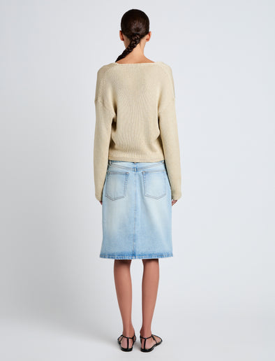 Proenza Schouler Back full length image of model wearing Tyler Knit Sweater in Dry Rib in Light Wheat