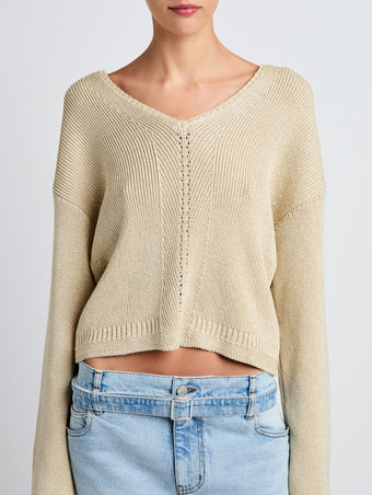 Proenza Schouler Detail image of model wearing Tyler Knit Sweater in Dry Rib in Light Wheat