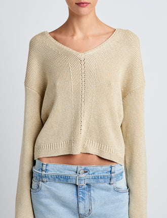 Proenza Schouler Detail image of model wearing Tyler Knit Sweater in Dry Rib in Light Wheat