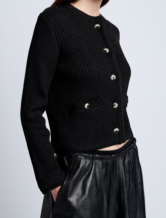 Proenza Schouler Detail image of model wearing Wilson Knit Jacket in Dry Rib in Black