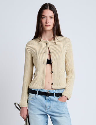 Proenza Schouler Front cropped image of model wearing Wilson Knit Jacket in Dry Rib in Light Wheat