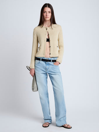 Proenza Schouler Front full length image of model wearing Wilson Knit Jacket in Dry Rib in Light Wheat