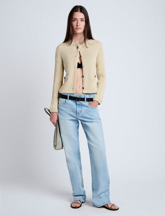 Proenza Schouler Front full length image of model wearing Wilson Knit Jacket in Dry Rib in Light Wheat