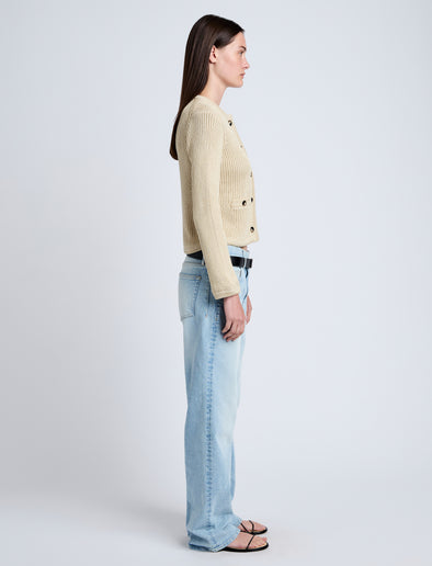 Proenza Schouler Side full length image of model wearing Wilson Knit Jacket in Dry Rib in Light Wheat