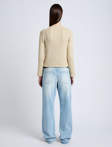 Proenza Schouler Back full length image of model wearing Wilson Knit Jacket in Dry Rib in Light Wheat