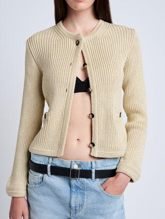 Proenza Schouler Detail image of model wearing Wilson Knit Jacket in Dry Rib in Light Wheat