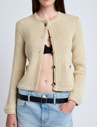 Proenza Schouler Detail image of model wearing Wilson Knit Jacket in Dry Rib in Light Wheat