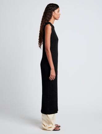 Proenza Schouler Side full length image of model wearing Leighton Knit Dress in Dry Rib in Black