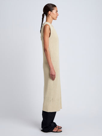 Proenza Schouler Side full length image of model wearing Leighton Knit Dress in Dry Rib in Light Wheat