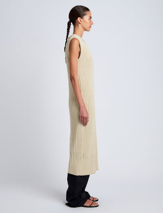 Proenza Schouler Side full length image of model wearing Leighton Knit Dress in Dry Rib in Light Wheat