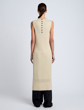 Proenza Schouler Back full length image of model wearing Leighton Knit Dress in Dry Rib in Light Wheat