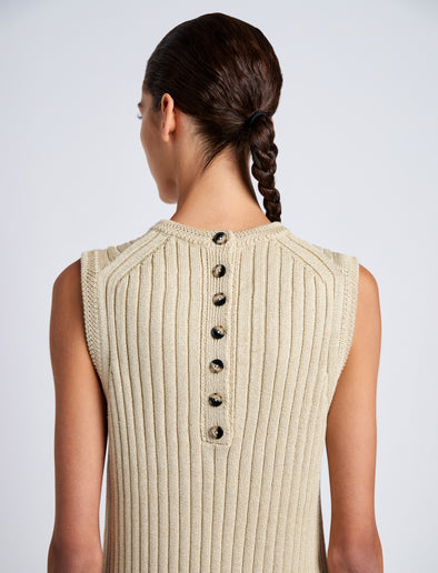Proenza Schouler Detail image of model wearing Leighton Knit Dress in Dry Rib in Light Wheat