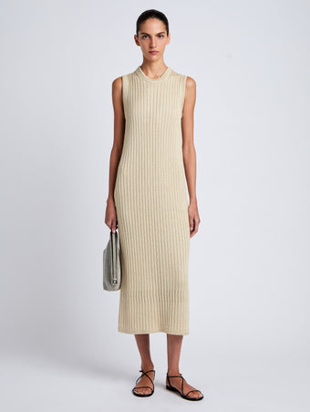 Proenza Schouler Front full length image of model wearing Leighton Knit Dress in Dry Rib in Light Wheat