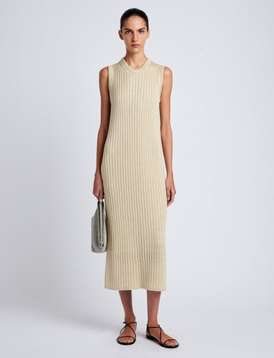 Proenza Schouler Front full length image of model wearing Leighton Knit Dress in Dry Rib in Light Wheat