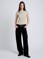 Proenza Schouler front image of model wearing Shelle Sweater in Micro Check in Light Oxford/Camel