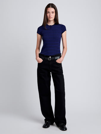 Proenza Schouler front image of model wearing Shelle Sweater in Micro Check in ink/black