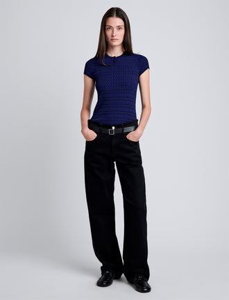 Proenza Schouler front image of model wearing Shelle Sweater in Micro Check in ink/black