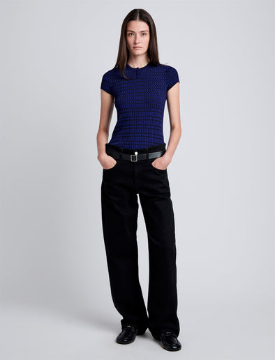 Proenza Schouler front image of model wearing Shelle Sweater in Micro Check in ink/black