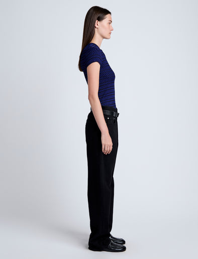 Proenza Schouler side image of model wearing Shelle Sweater in Micro Check in ink/black