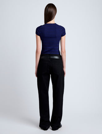 Proenza Schouler back image of model wearing Shelle Sweater in Micro Check in ink/black