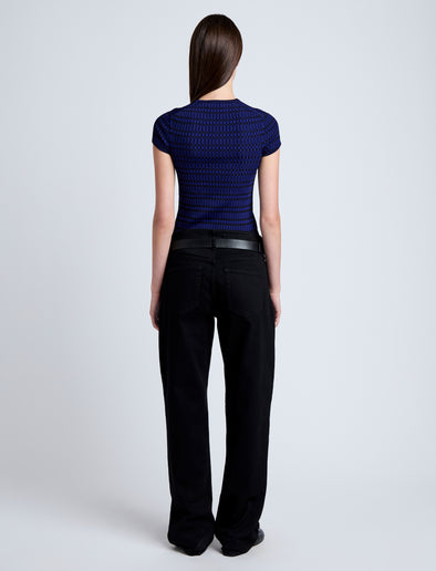 Proenza Schouler back image of model wearing Shelle Sweater in Micro Check in ink/black