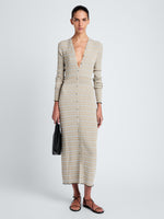 Proenza Schouler front image of model wearing Ivanna Dress in Mirco Check in Light Oxford/Camel