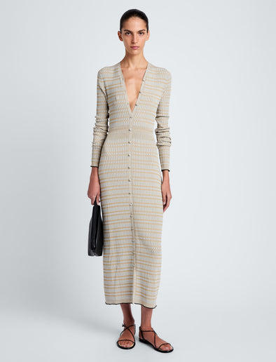 Proenza Schouler front image of model wearing Ivanna Dress in Mirco Check in Light Oxford/Camel