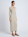 Proenza Schouler side image of model wearing Ivanna Dress in Mirco Check in Light Oxford/Camel