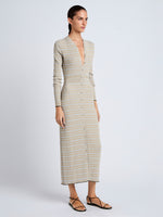 Proenza Schouler side image of model wearing Ivanna Dress in Mirco Check in Light Oxford/Camel