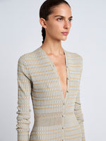 Proenza Schouler detail image of model wearing Ivanna Dress in Mirco Check in Light Oxford/Camel