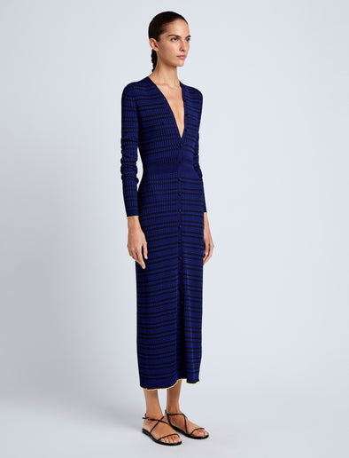 Proenza Schouler side image of model wearing Ivanna Dress in Mirco Check in Ink/Black