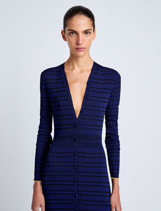 Proenza Schouler detail image of model wearing Ivanna Dress in Mirco Check in Ink/Black