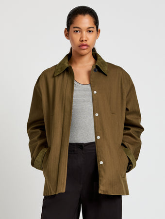 Proenza Schouler Front cropped image of model wearing Angela Jacket in Fine Herringbone in Wood