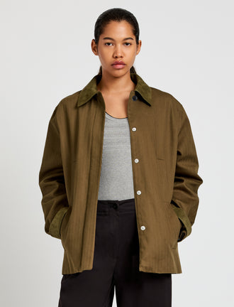 Proenza Schouler Front cropped image of model wearing Angela Jacket in Fine Herringbone in Wood