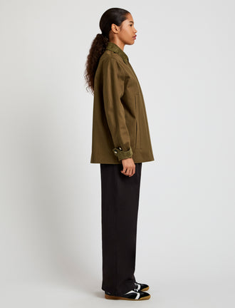 Proenza Schouler Side image of model wearing Angela Jacket in Fine Herringbone in Wood