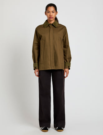 Proenza Schouler Front image of model wearing Angela Jacket in Fine Herringbone in Wood with jacket closed