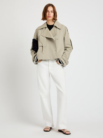 Proenza Schouler Front full length image of model wearing Yasmin Cropped Trench in Cotton in Sage
