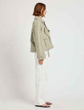 Proenza Schouler Side full length image of model wearing Yasmin Cropped Trench in Cotton in Sage