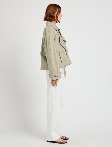 Proenza Schouler Side full length image of model wearing Yasmin Cropped Trench in Cotton in Sage