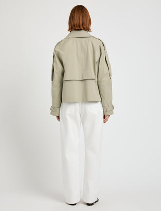 Proenza Schouler Back full length image of model wearing Yasmin Cropped Trench in Cotton in Sage
